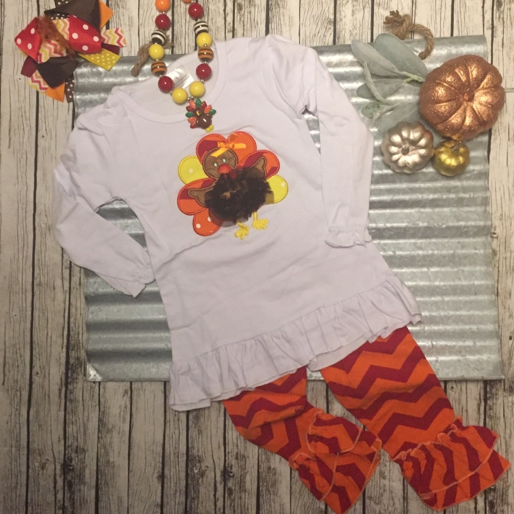 💥Last One💥🦃 Girls Boutique 2pc. Ruffle Chevron Thanksgiving Turkey Outfit - Picture 4 of 11